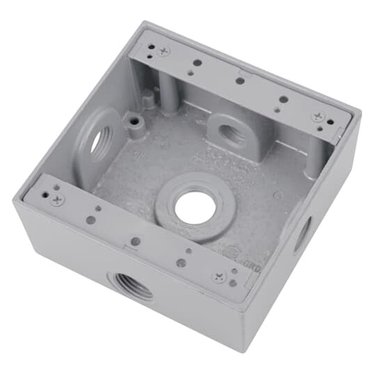 2IH5S2-1 Red Dot Universal Weatherproof Box, Die Cast Aluminum, 31.8 cu-in Capacity, 2 Gangs, 5 Outlets, 4-9/16 in L x 4-5/8 in W x 2-1/16 in D