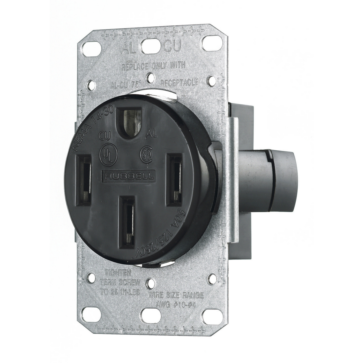 RR450F 1-Phase Flush Mount Standard Screw Mount Range and Dryer Power Receptacle, 125/250 V AC, 50 A, 3 Poles, 4 Wires, Black
