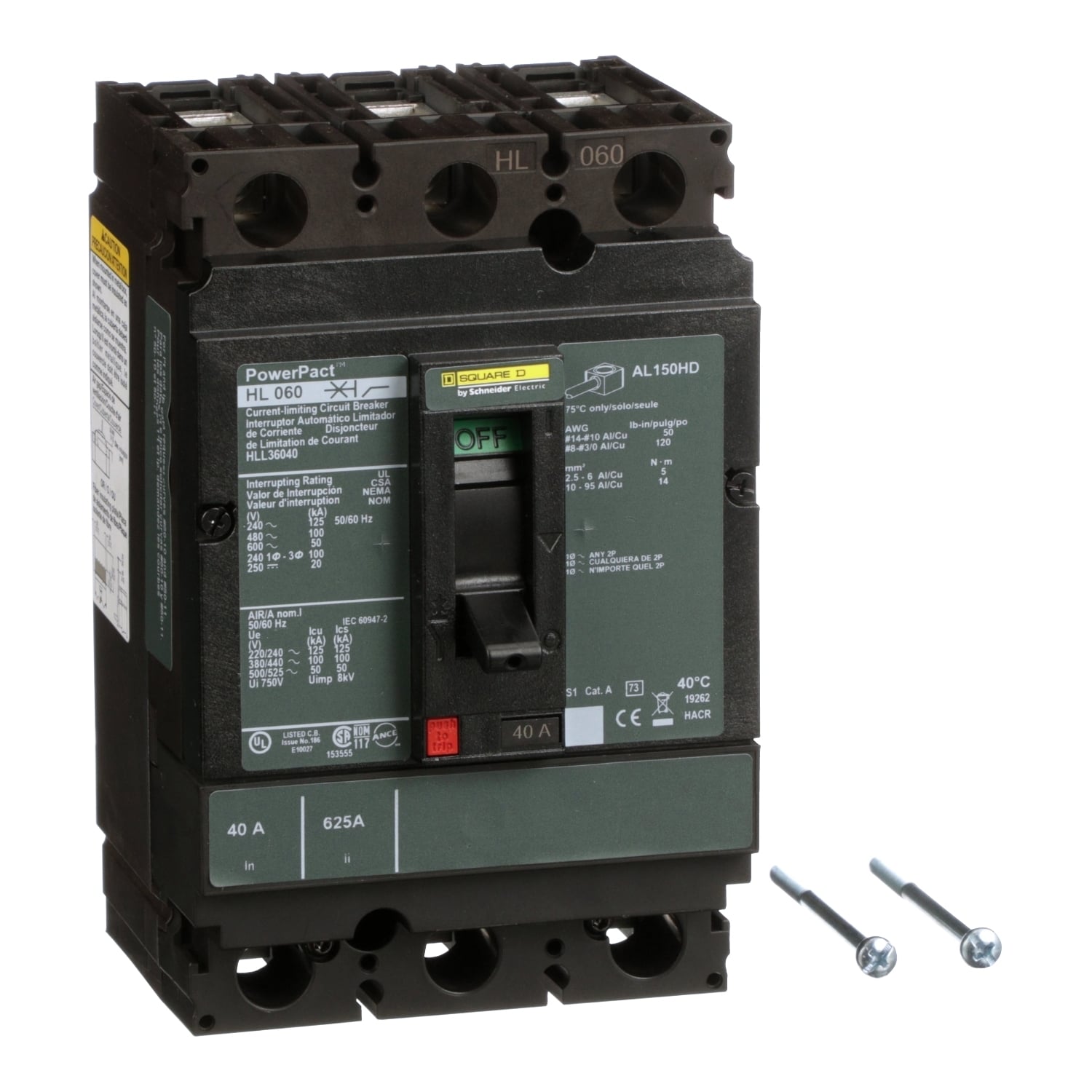 HLL36040 I-Line PowerPact 80% Rated Type HLL Molded Case Circuit Breaker, 600 V AC/250 to 500 V DC, 40 A, 125 kA at 240 VAC/100 kA at 480 VAC/50 kA at 600 VAC/20 kA at 250 VDC/50 kA at 500 VDC/250 VDC/500 VDC/600 VAC Interrupt, 3 Poles