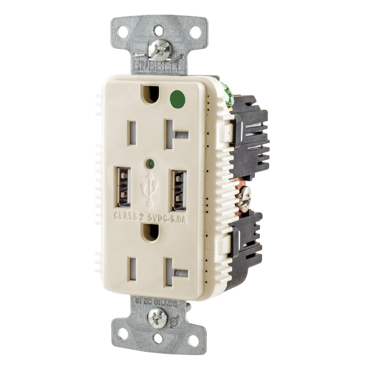 USB8300A5LA Duplex Grounding Tamper-Resistant Standard USB Charger Receptacle With Green LED, 125 V AC, 20 A, 1 hp, 2500 W, 1 Phase, 2 Poles, 3 Wires, Light Almond