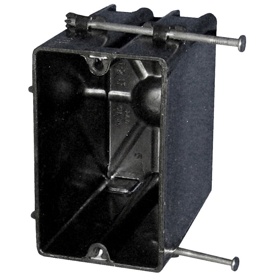 FlexBox; 1-Gang Switch/Outlet Box; Angled Mid Nails, Use with Nonmetallic Sheathed Cable, 3-9/16 Inch Depth, Thermoplastic, 24 Cubic-Inch, Black