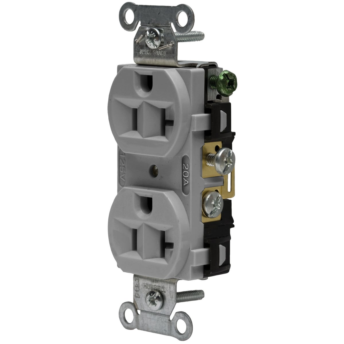 CRF20GRY 1-Phase Duplex Self-Grounding Standard Traditional Screw Mount Straight Blade Receptacle, 125 V AC, 20 A, 2 Poles, 3 Wires, Gray