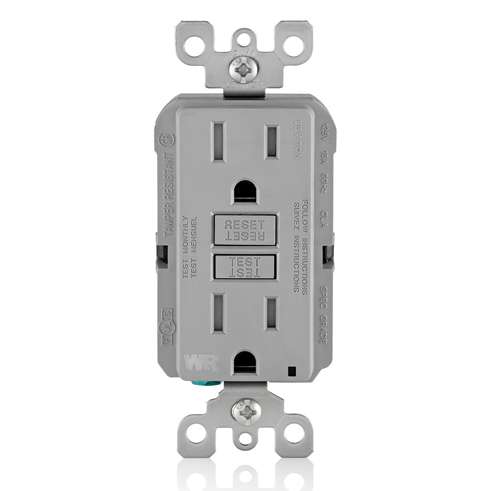 GFWT1-GY Duplex Feed Through Self-Test Slim Tamper/Weather Resistant GFCI Receptacle With Gray Test, Reset Button, 125 V AC, 15 A, 2 Poles, 3 Wires, Gray