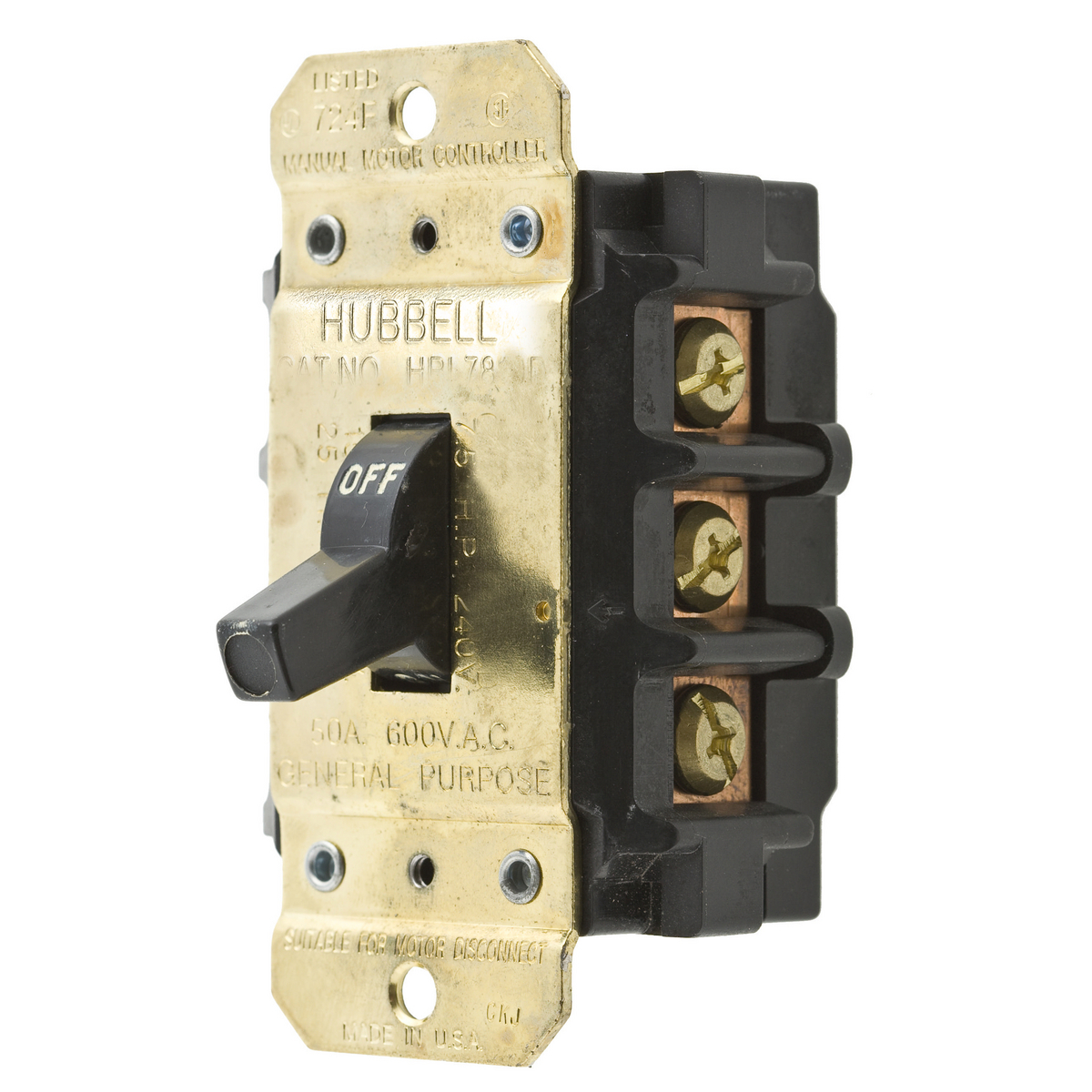 HBL7853D 3-Phase Standard AC Motor Disconnect Switch, 600 V AC, 50 A, 30000 W Power Rating