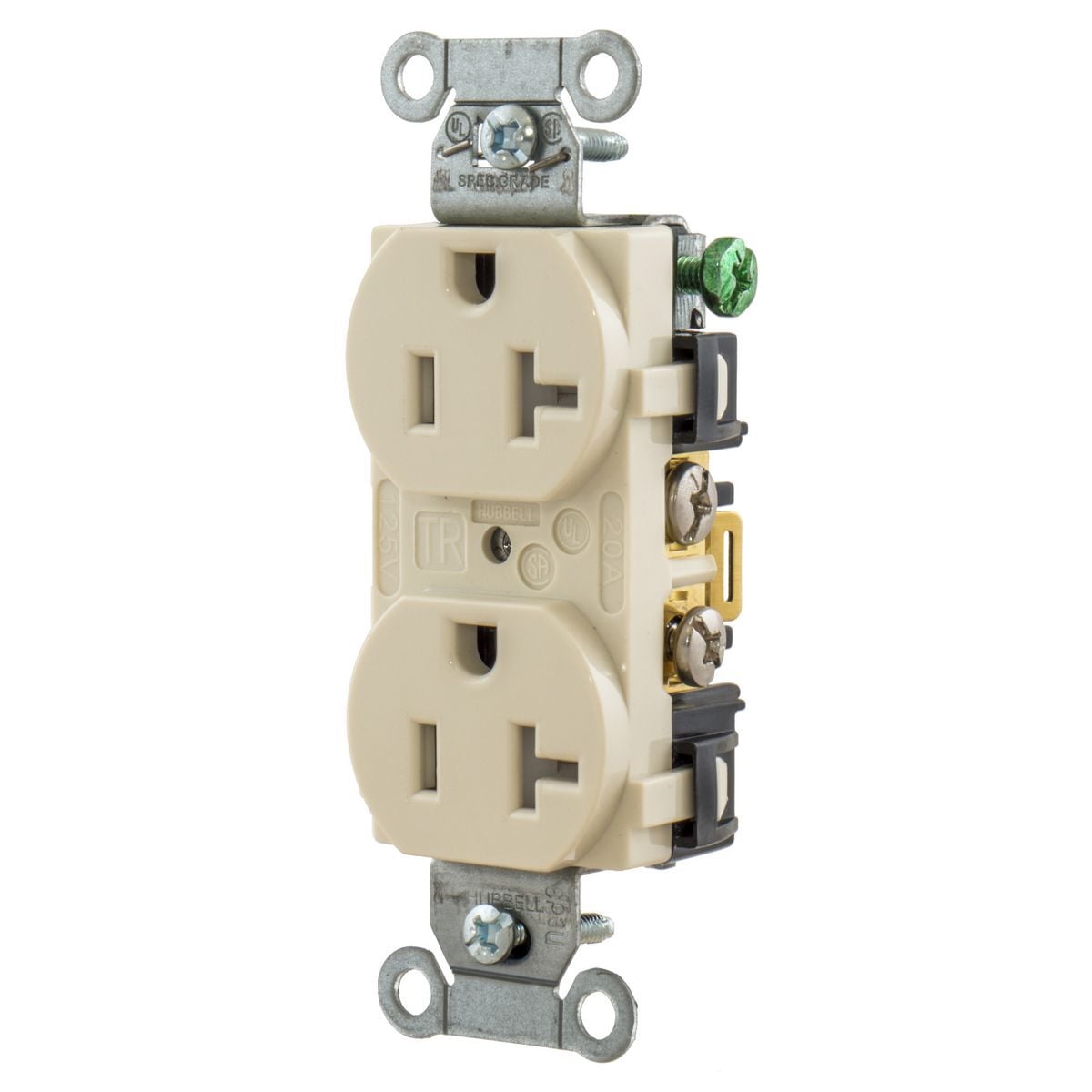 5352LATR 1-Phase Duplex Heavy Duty Self-Grounding Standard Tamper-Resistant Screw Mount Straight Blade Receptacle, 125 VAC, 20 A, 2 Poles, 3 Wires, Light Almond