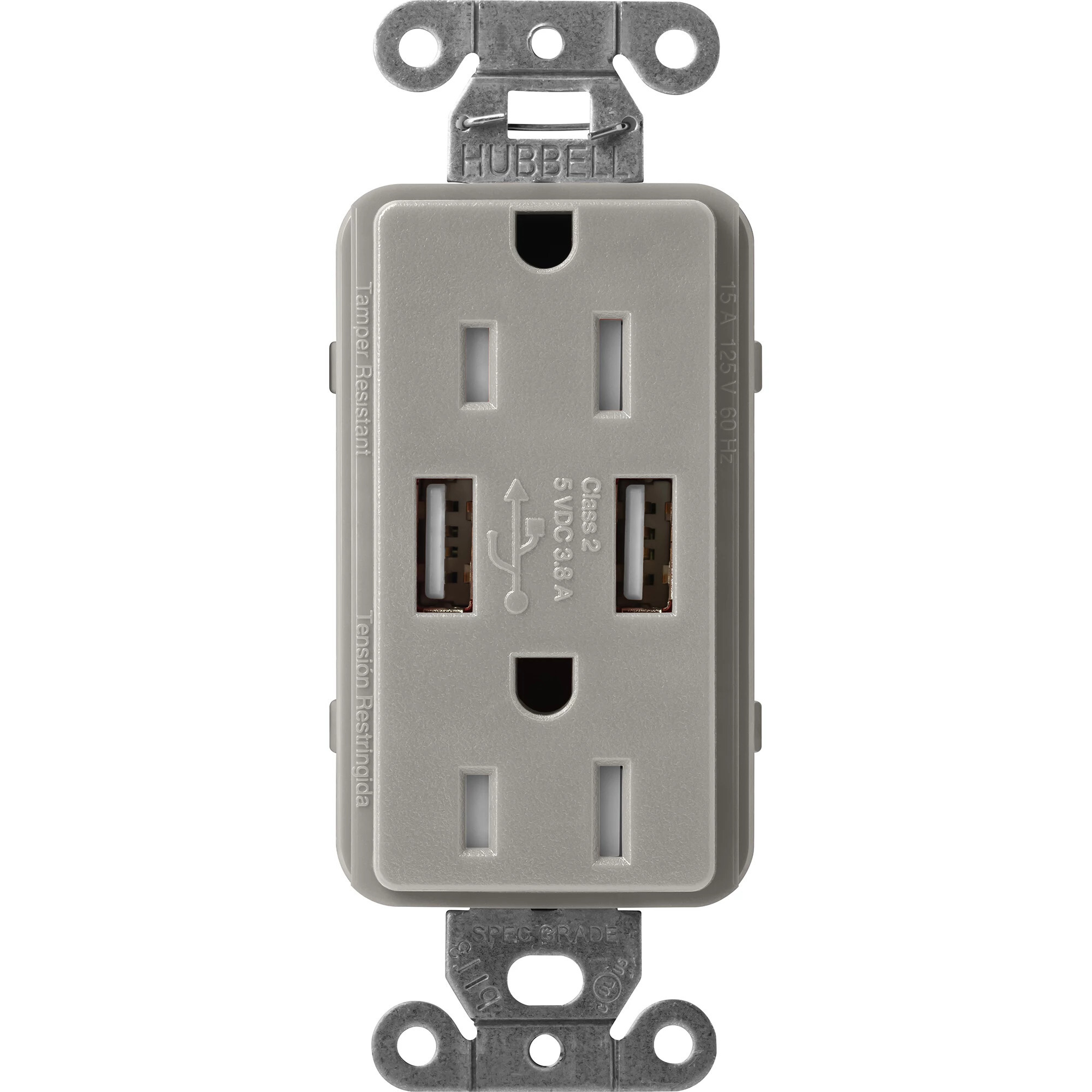 SCR-15-UBTR-CS Claro Tamper-Resistant USB-A Duplex Receptacle, Decorator-Style Outlet, 15 Amp, Self-Testing, Satin, Cobblestone
