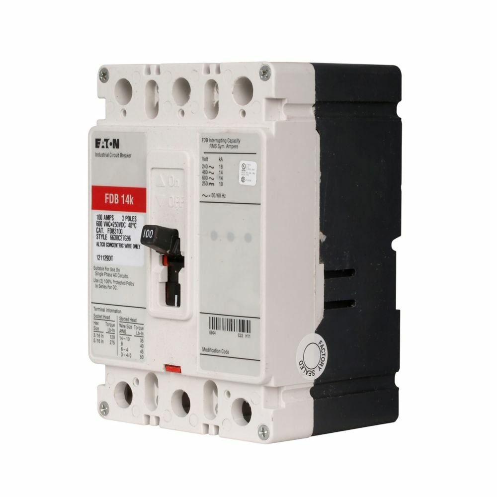 FDB3125V C Series Type FDB Molded Case Circuit Breaker, 600 V AC/250 V DC, 125 A, 14/18 kA Interrupt, 3 Poles, Thermal Magnetic Trip