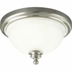 The Madison collection features etched glass with transitional elements. Simplified vintage style. One-light 12 in close-to-ceiling fixture. Brushed Nickel finish.