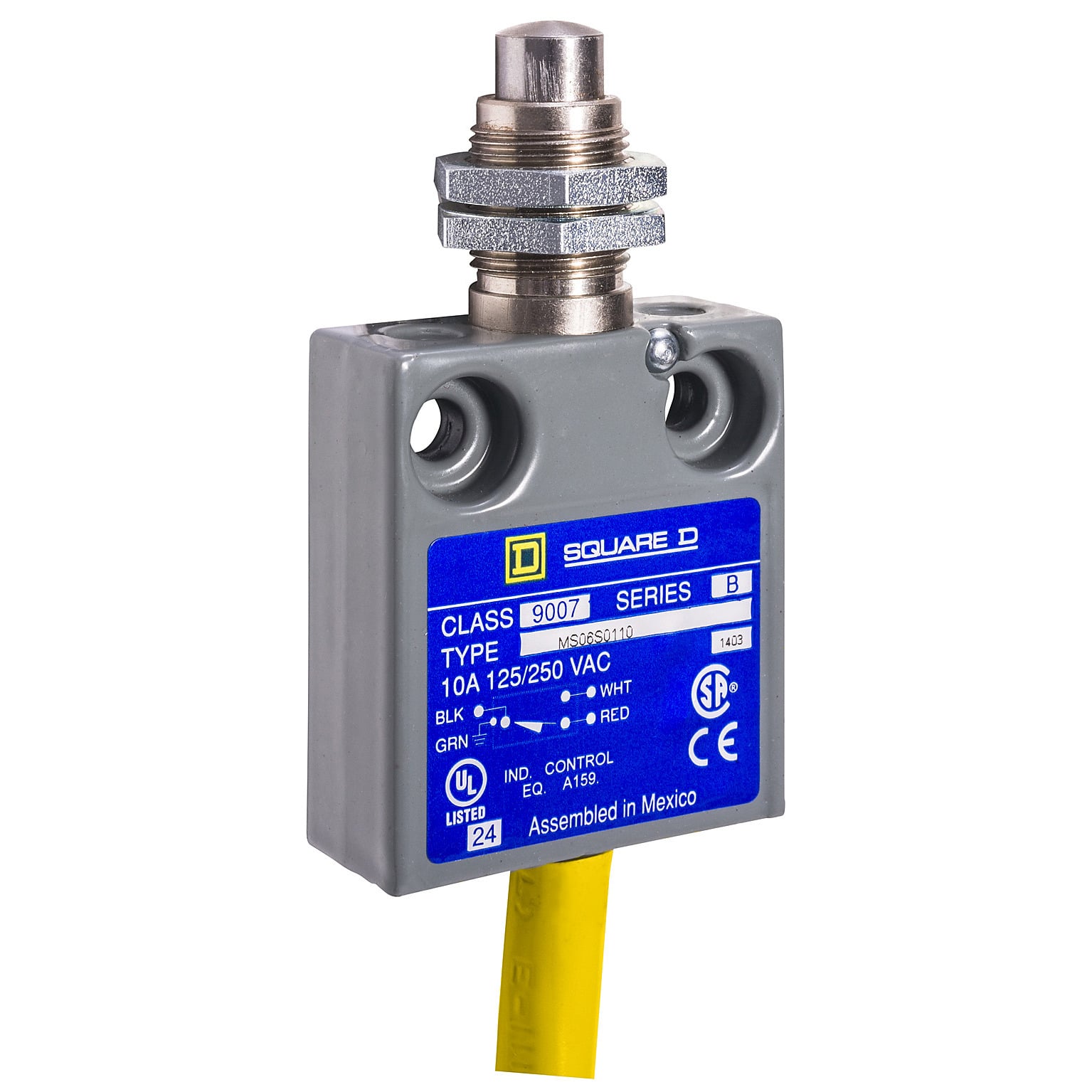 9007MS06S0100 Miniature Potted Limit Switch, 240 VAC/28 VDC, 10 A, 1CO 1 Form C SPDT Contact, 1 Pole