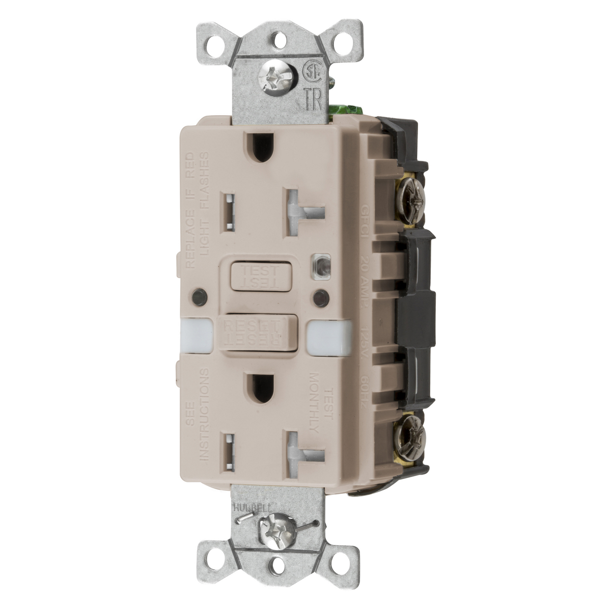 GFTRST20LANL Decorator Duplex Straight Blade Self-Test Tamper Resistant GFCI Receptacle With Two LED Nightlight, 125 V AC, 20 A, 2 Poles, 3 Wires, Light Almond