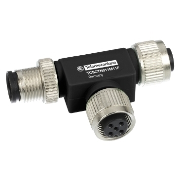 TCSCTN011M11F OsiSense XG T-Connector, For Use With Modicon M340, IP67, RS485 Network, M12 5-Pin (1) Male x (2) Female CANopen, Black