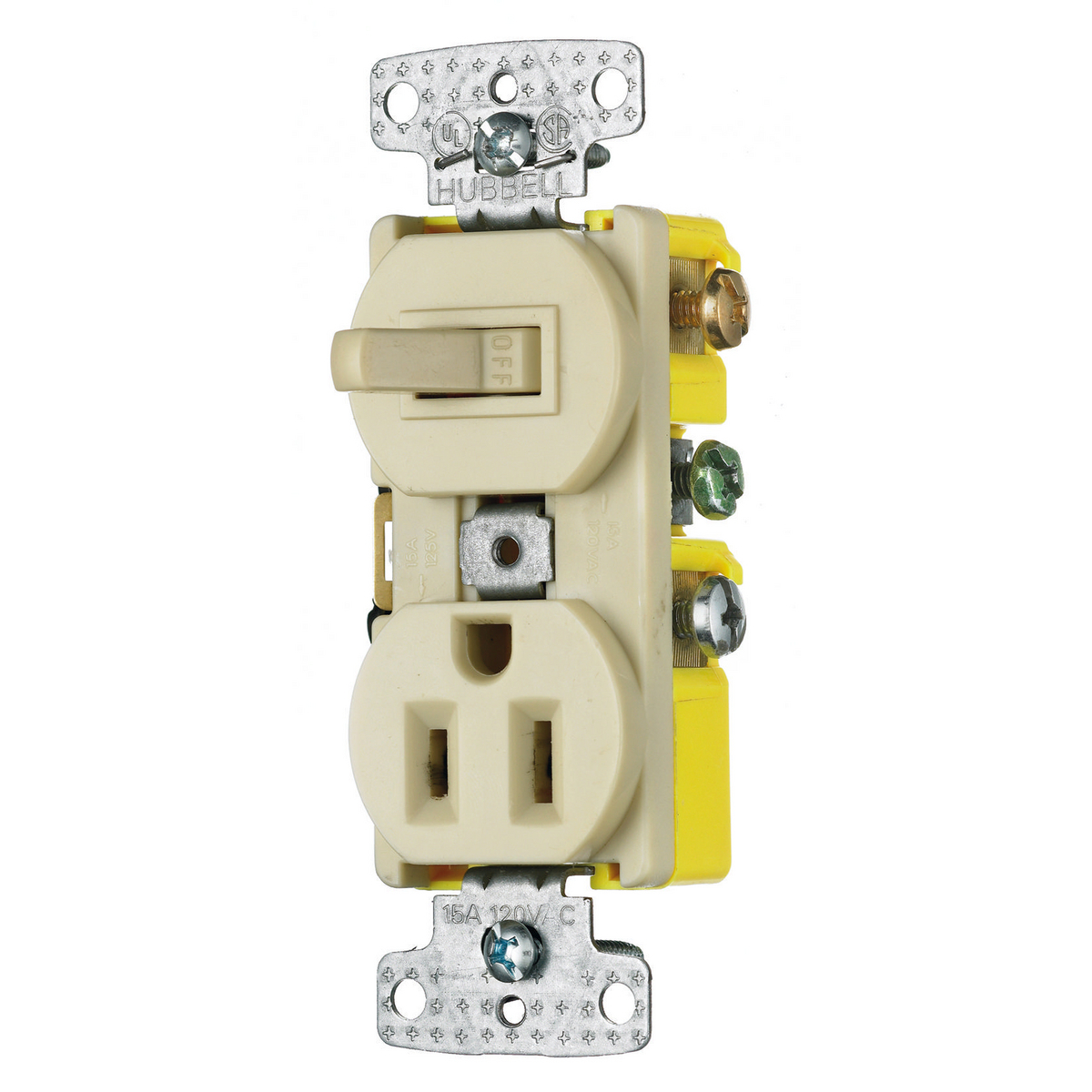 RC108I Traditional 2-Position Standard Traditional Switch And Receptacle, Electrical Ratings: 120/125 V AC, 15 A, 1800 W, 1 Poles, 3 Wires, Snap Switch Reset