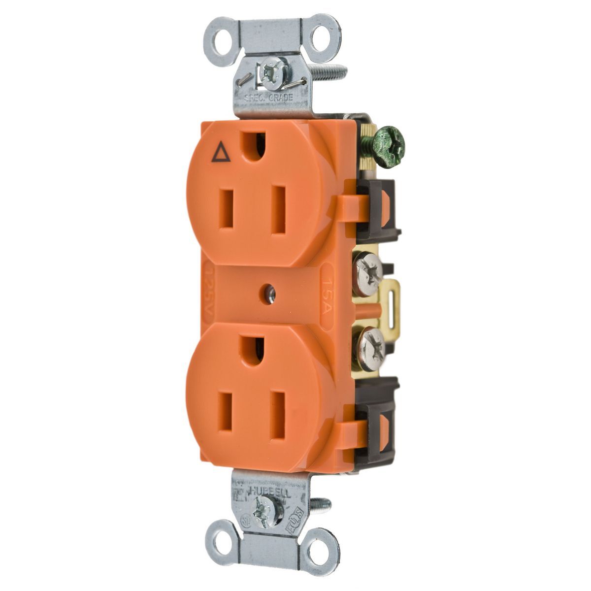 IG5252 1-Phase Duplex Grounding Heavy Duty Isolated Ground Standard Traditional Screw Mount Straight Blade Receptacle, 125 V AC, 15 A, 2 Poles, 3 Wires, Orange