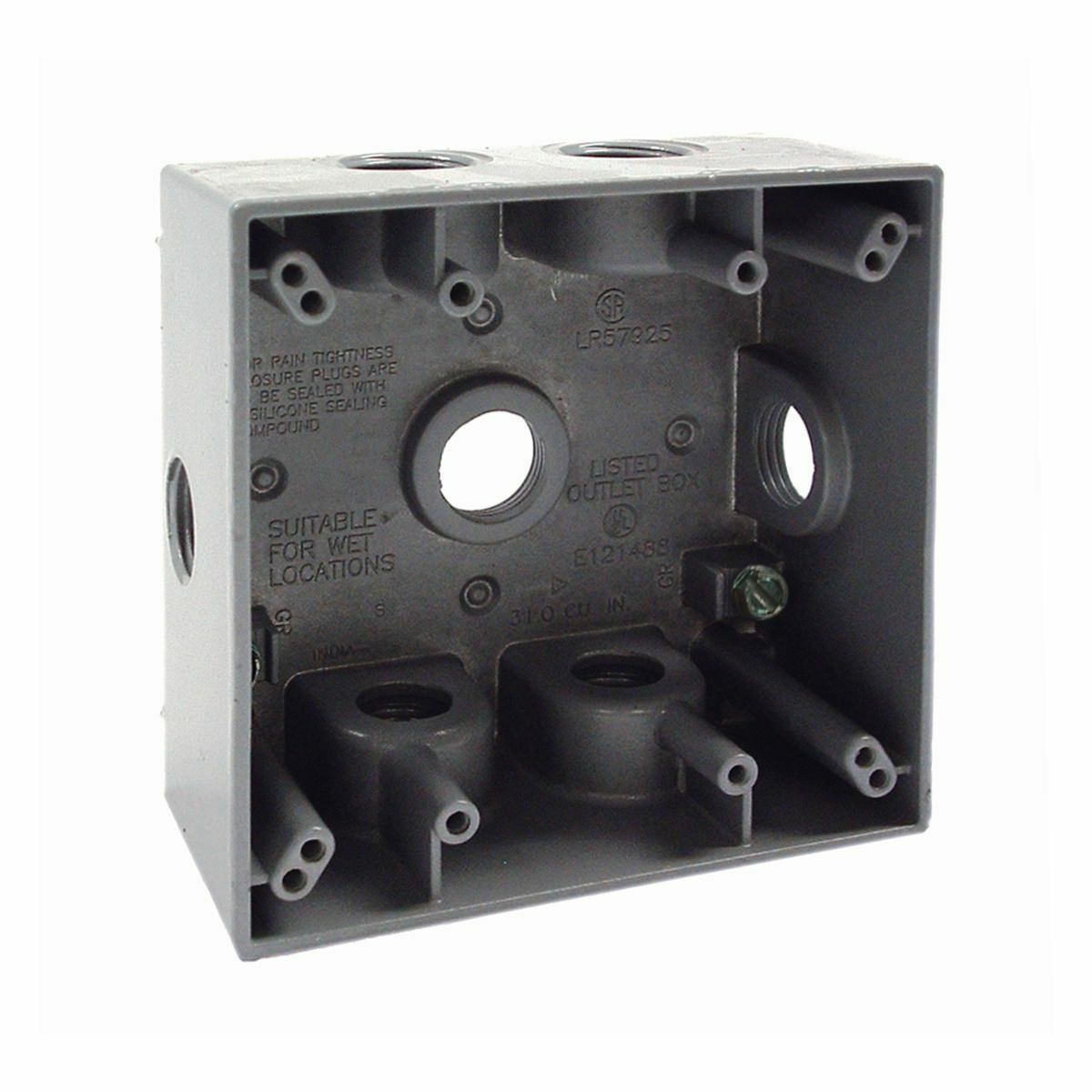 5338-0 Weatherproof Outlet Box With Side Lugs, Die Cast Aluminum, 31 cu-in, 2 Gangs, 7 Outlets