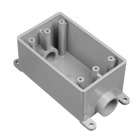 Single Gang FSC Box, Volume 18 Cubic Inches, Length 4.54 Inches, Width 2.80 Inches, Depth 2.30 Inches, Conduit Size 1/2 Inch, 2 Hubs, Material PVC, Color Gray, Pack of 15