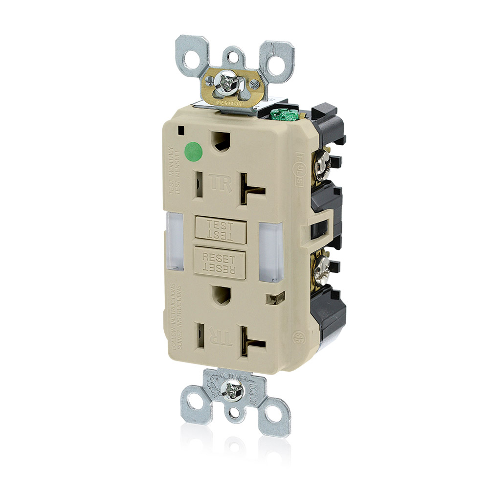 GFNL2-HGI SmartlockPro Slim Duplex Feed Through Guidelight Self-Test Tamper Resistant GFCI Receptacle, 125 V AC, 20 A, 2 Poles, 3 Wires, Ivory