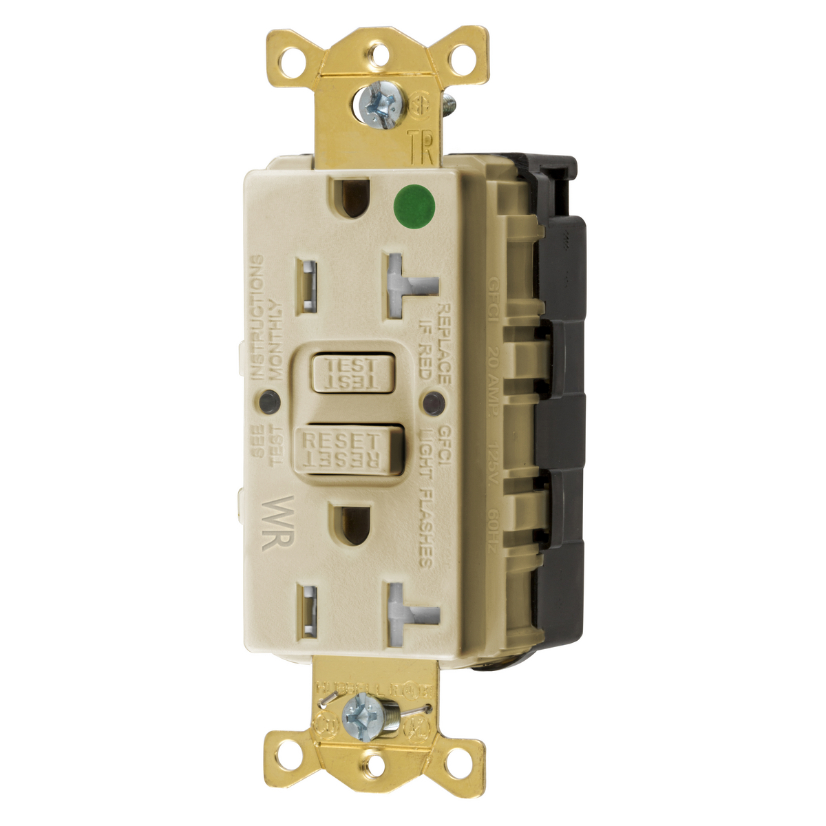 GFTWRST83SNAPI 1-Phase Decorator Duplex Heavy Duty Standard Straight Blade Self-Test Tamper/Weather-Resistant Screw Mount GFCI Receptacle, 125 VAC, 20 A, 2 Poles, 3 Wires, Ivory
