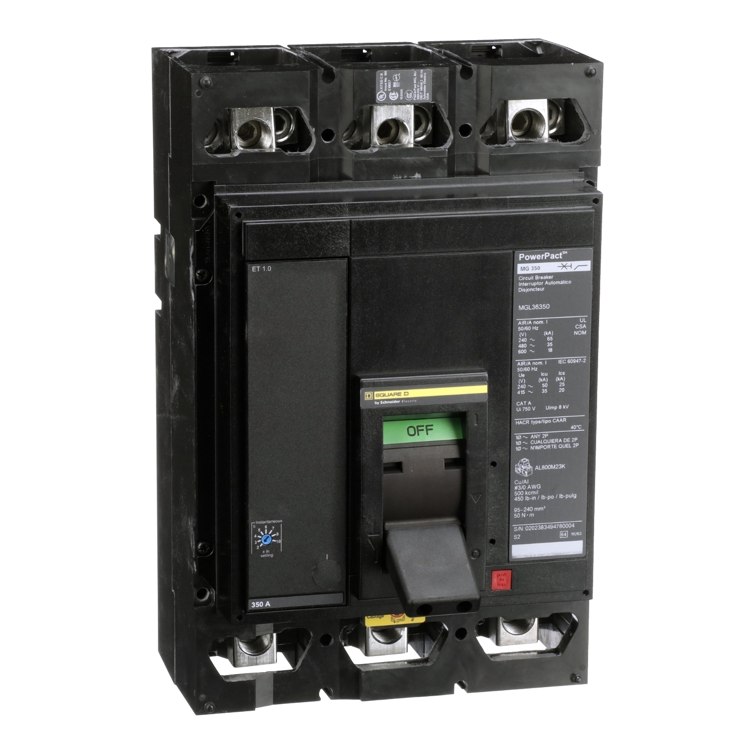 MGL36350 Molded Case Circuit Breaker, 350 Amp, 3 Pole, 600V