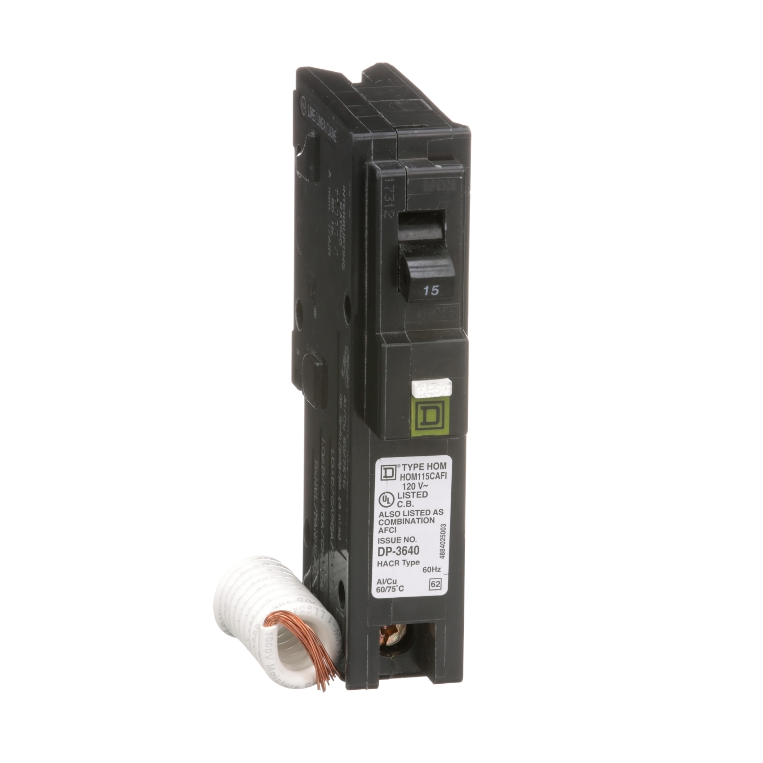 HOM115CAFI Homeline Miniature Circuit Breaker, 15 Amp, 1 Pole, 120V