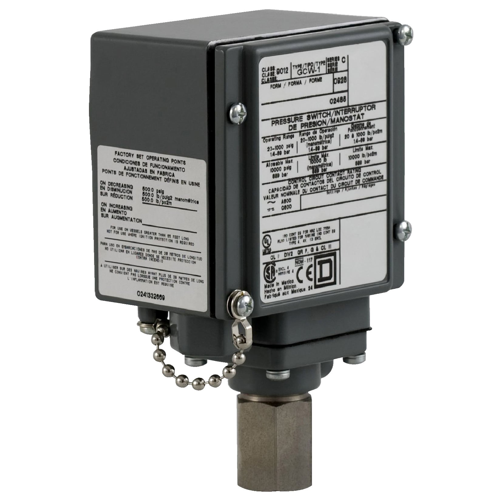 9012GFW23 Single Stage Electromechanical Pressure Switch, 170 to 5600 psi Pressure, 289 psi Differential, 2NO-2NC DPDT-DB Contact, Screw Clamp Connection