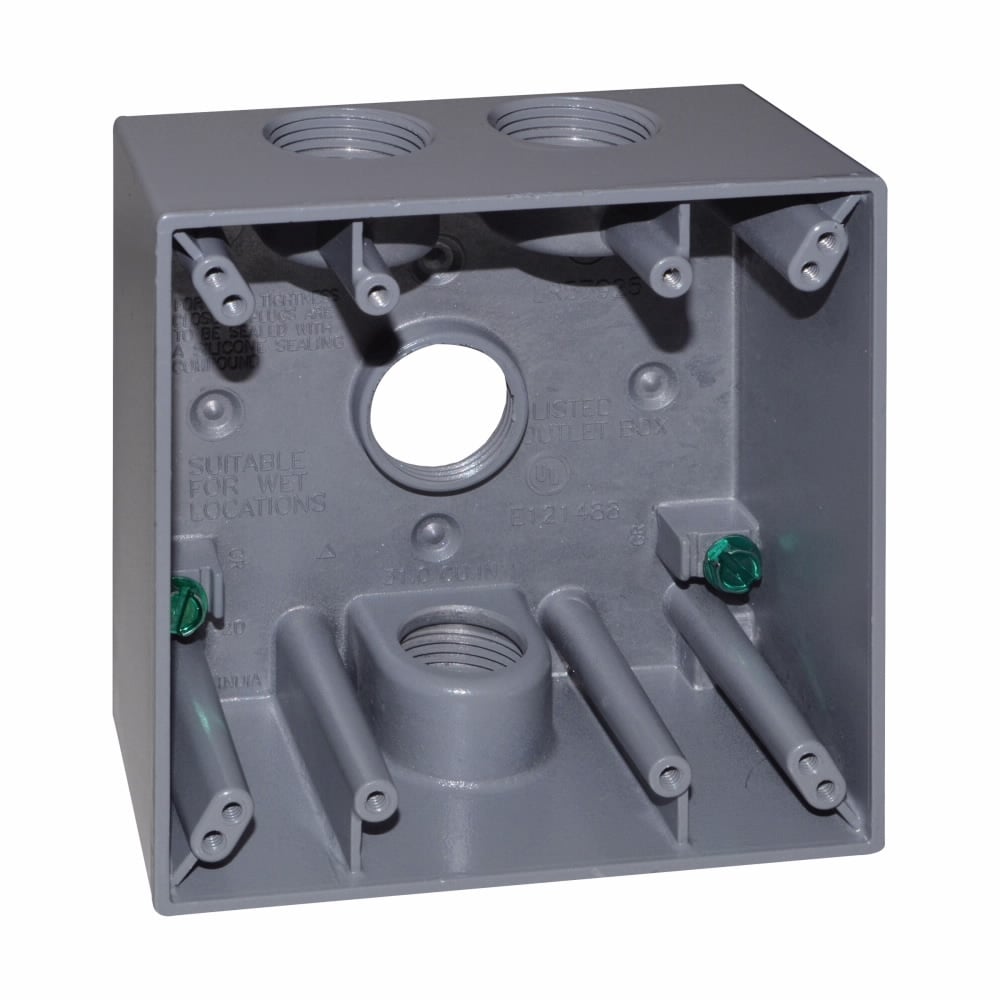 TP7098 Corrosion-Resistant Weatherproof Outlet Box, Die-Cast Aluminum, 30.5 cu-in Capacity, 2 Gangs, 4 Outlets, 4-5/8 in W x 2 in D x 4-9/16 in H