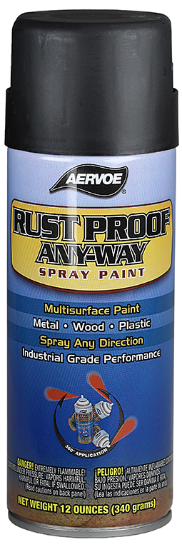 312 Aervoe Rustproof Solvent Based Spray Paint, 16 oz Container, Liquid Form, Flat Black, 11 sq-ft Coverage, 72 hr Curing