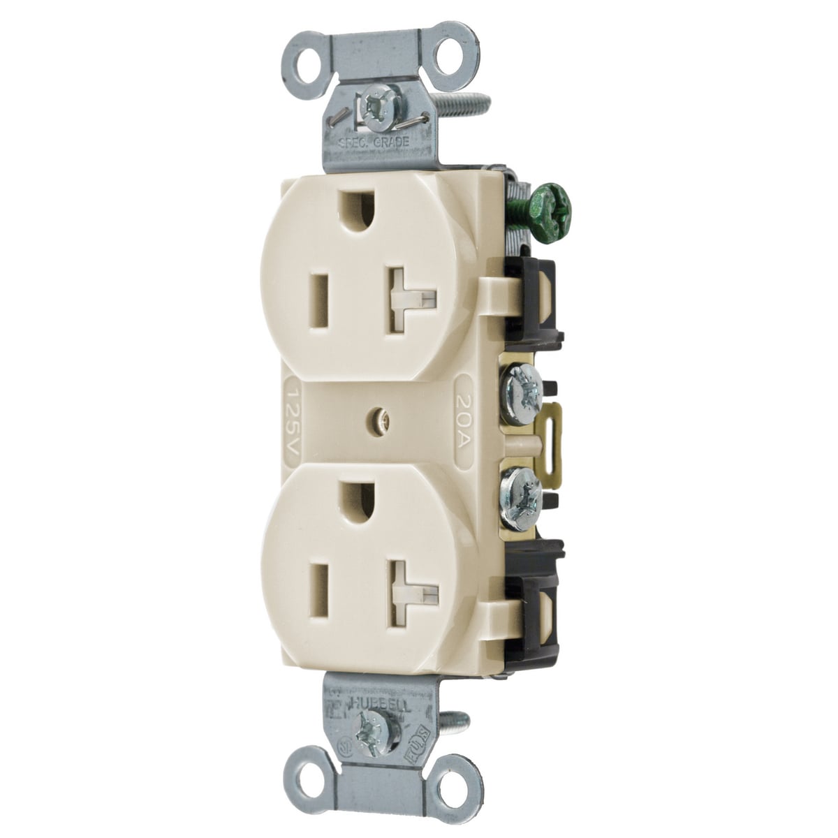 BR20ALTR 1-Phase Duplex Self-Grounding Standard Tamper-Resistant Traditional Straight Blade Receptacle, 125 VAC, 20 A, 2 Poles, 3 Wires, Almond