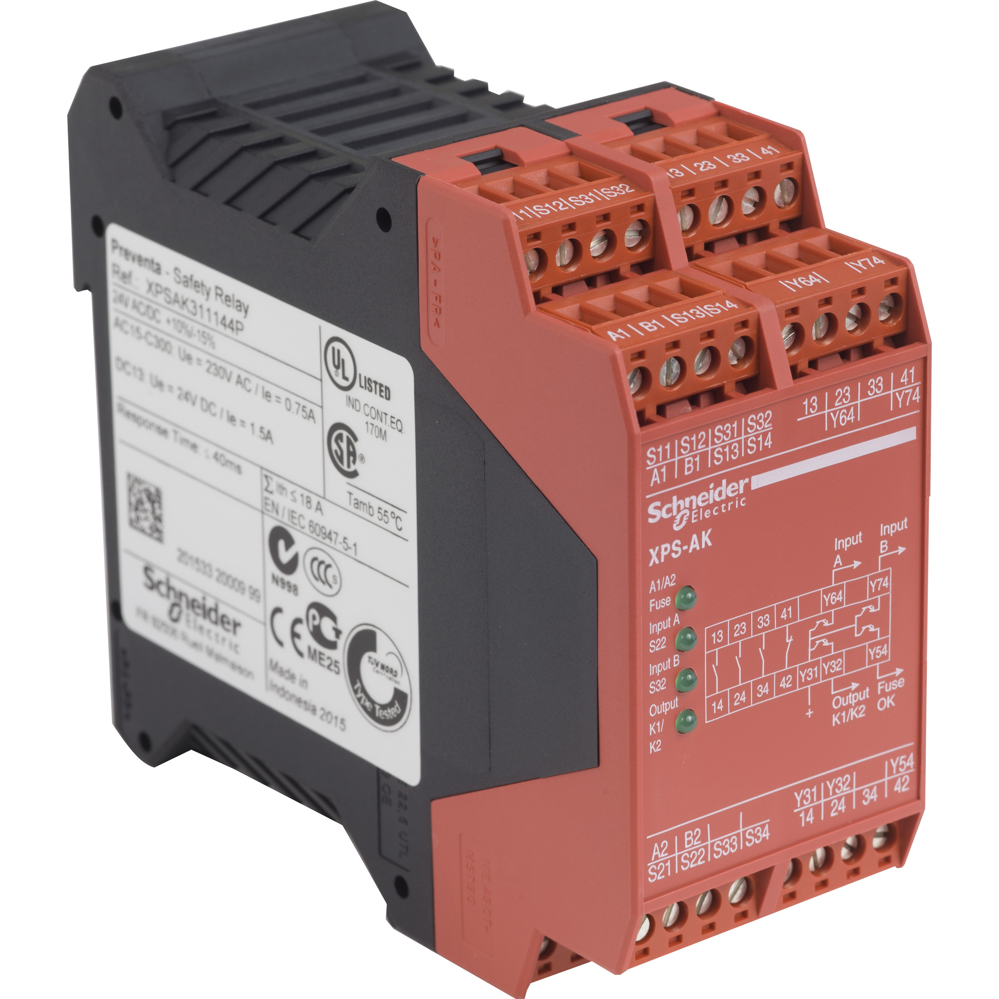 XPSAK311144P Preventa Solid-State Safety Relay, 5 A, 3NO-1NC 3 Form A/1 Form B Contact, 24 V DC V Coil