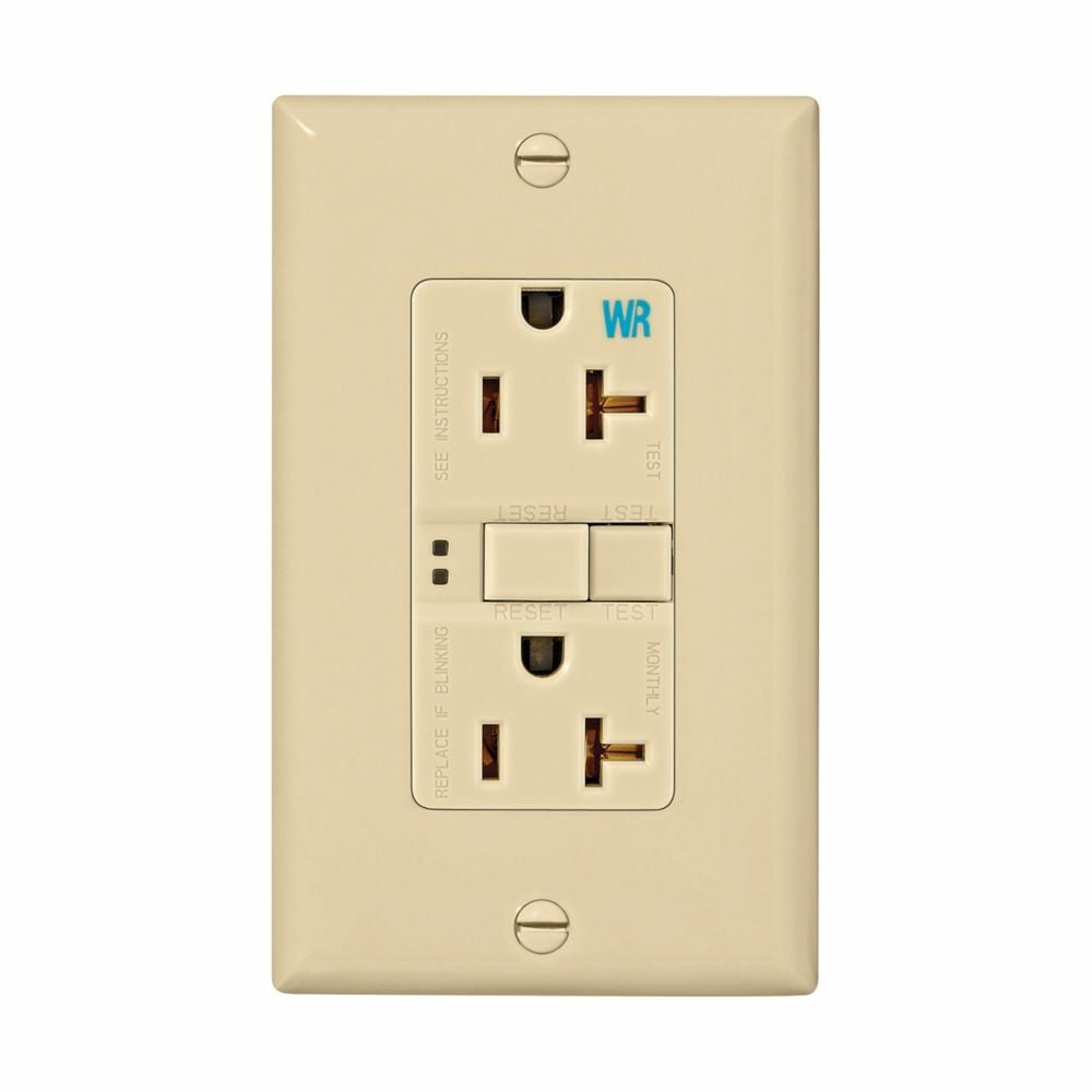 WRSGF20V WRSGF Self-Test Tamper-Resistant Weather-Resistant Duplex GFCI Receptacle, 125 V AC, 20 A, 2 Poles, 3 Wires, Ivory