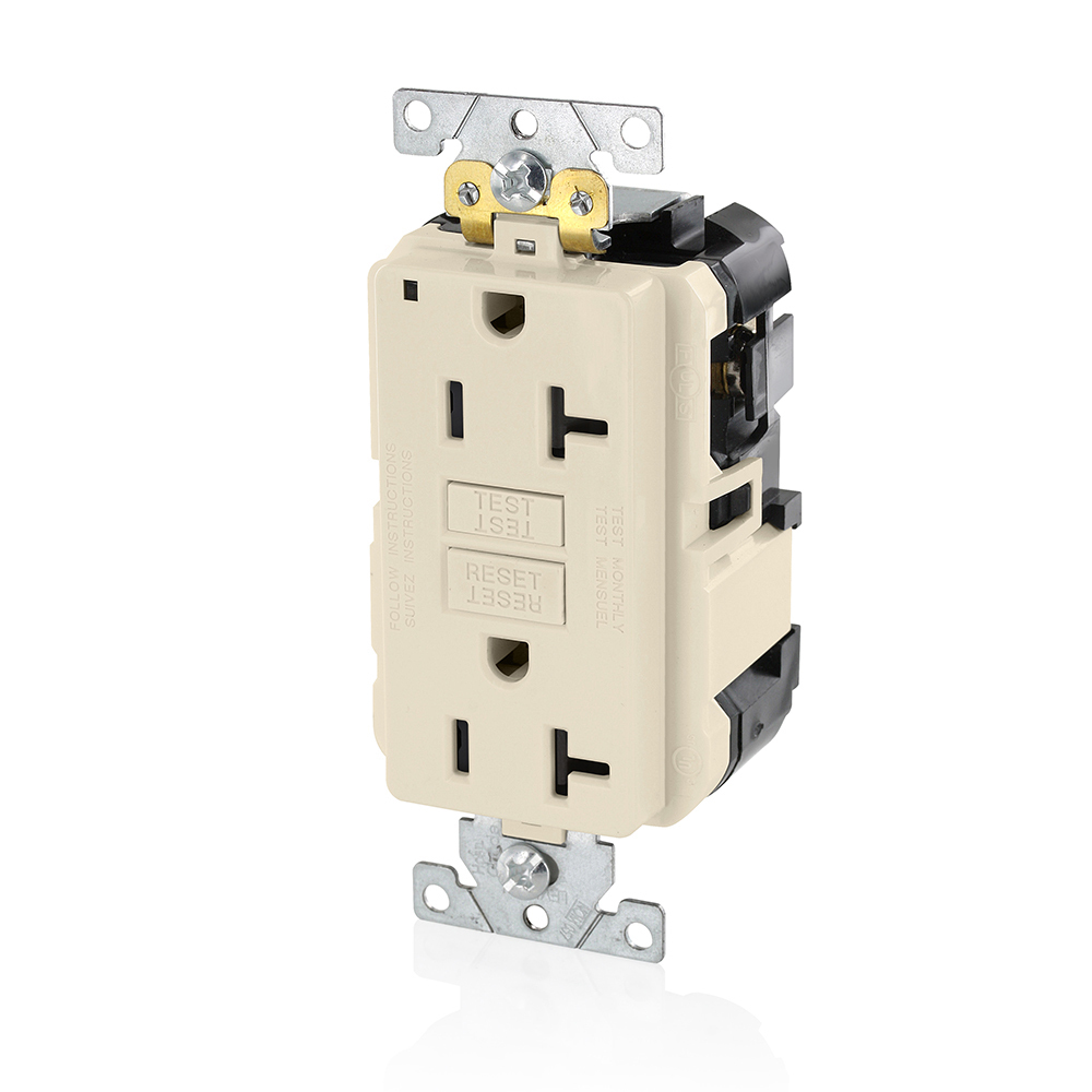 MGFN2-T SmartlockPro Slim Duplex Feed Through Self-Test GFCI Receptacle, 125 V AC, 20 A, 2 Poles, 3 Wires, Light Almond