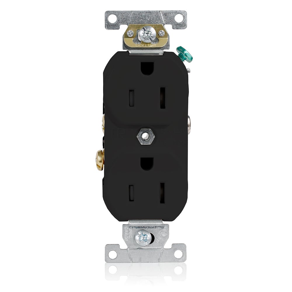 TBR15-E 1-Phase Duplex Tamper Resistant Straight Blade Receptacle, 125 V AC, 15 A, 2 Poles, 3 Wires, Black
