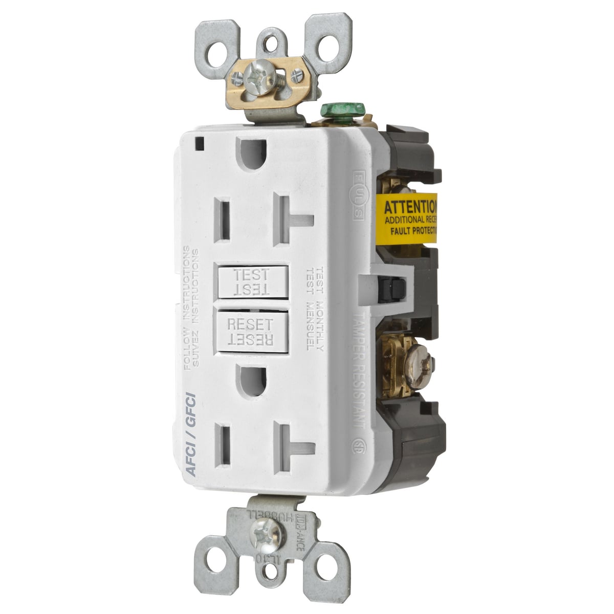 AFGF20TRW 1-Phase Autoground Clip Tamper Resistant Standard Screw Mount AFCI/GFCI Receptacle, 125 V AC, 15 A, 2 Poles, 3 Wires, White