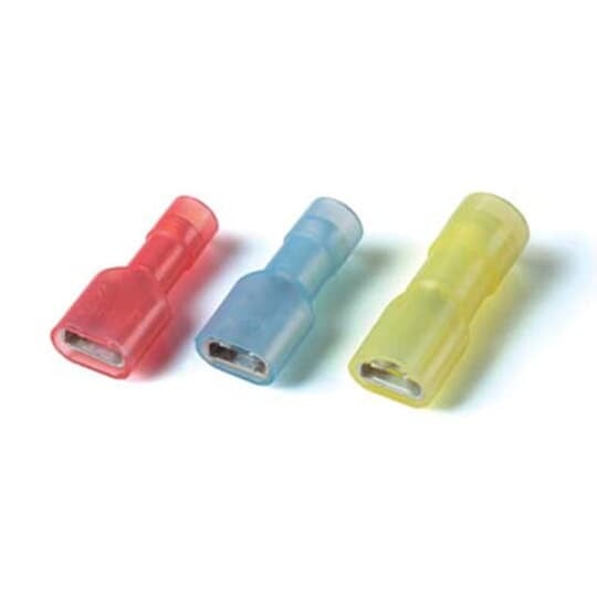 KNF18-250MD-D Spec-Kon Fully Insulated Male Disconnect, 22 to 16 AWG Conductor, 0.25 in W x 0.032 in THK Tab, Funnel Entry/Internal Serration Barrel, Brass, Red