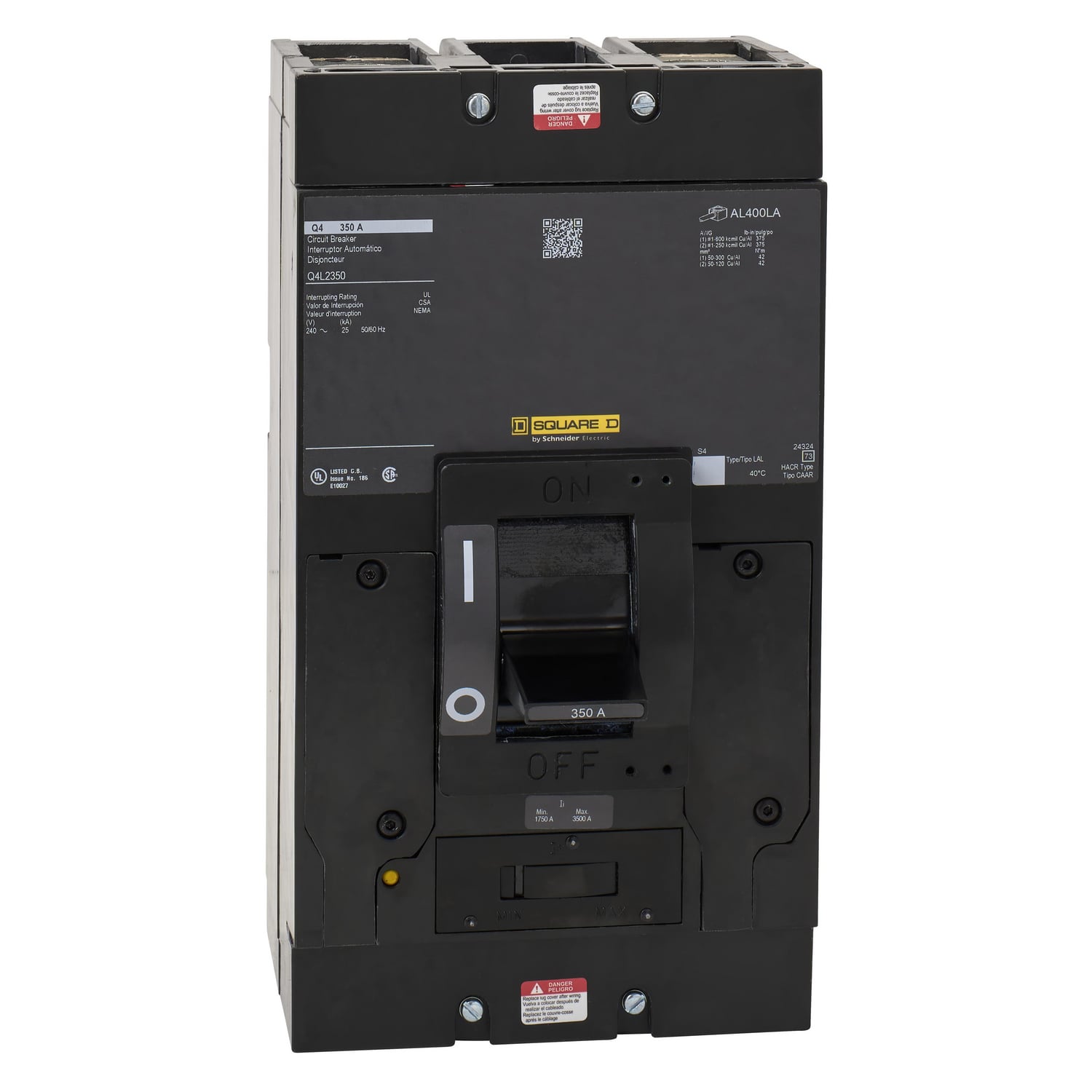 Q4L2350 PowerPact Molded Case Circuit Breaker, 240 V AC, 350 A, 25 kA Interrupt, 2 Poles, Thermal Magnetic Trip