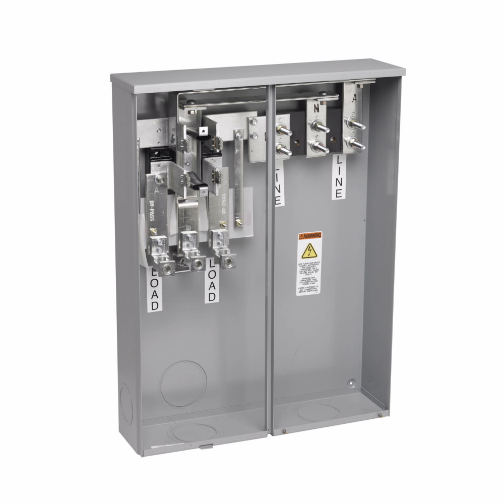324 C Single Meter Socket, 200 Amp, Ringed, ANSI 61 Gray Painted, Studs, Main Circuit Breaker, Steel, Surface Mount, 4 Jaw, 2 Position, 1 Phase, 3 Wire, OH, UG