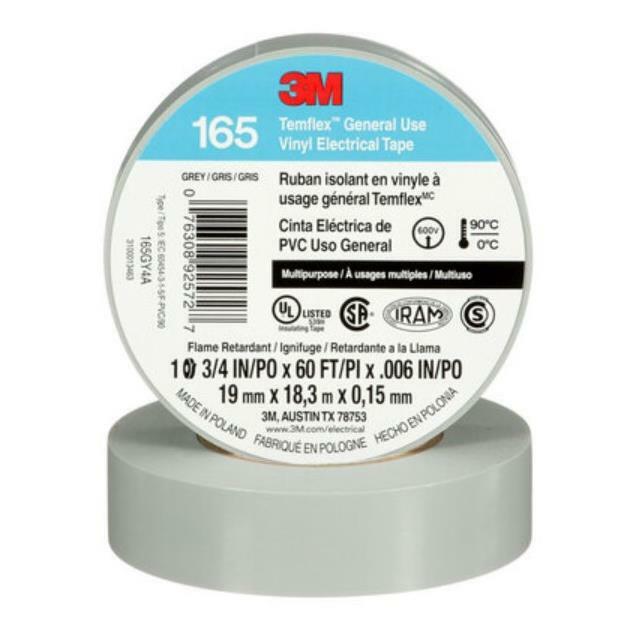 7100169192 Temflex 165GY4A Electrical Tape, 20 yd L 0.75 in W, 0.6 in THK, Vinyl, Rubber Adhesive, PVC Backing, Gray