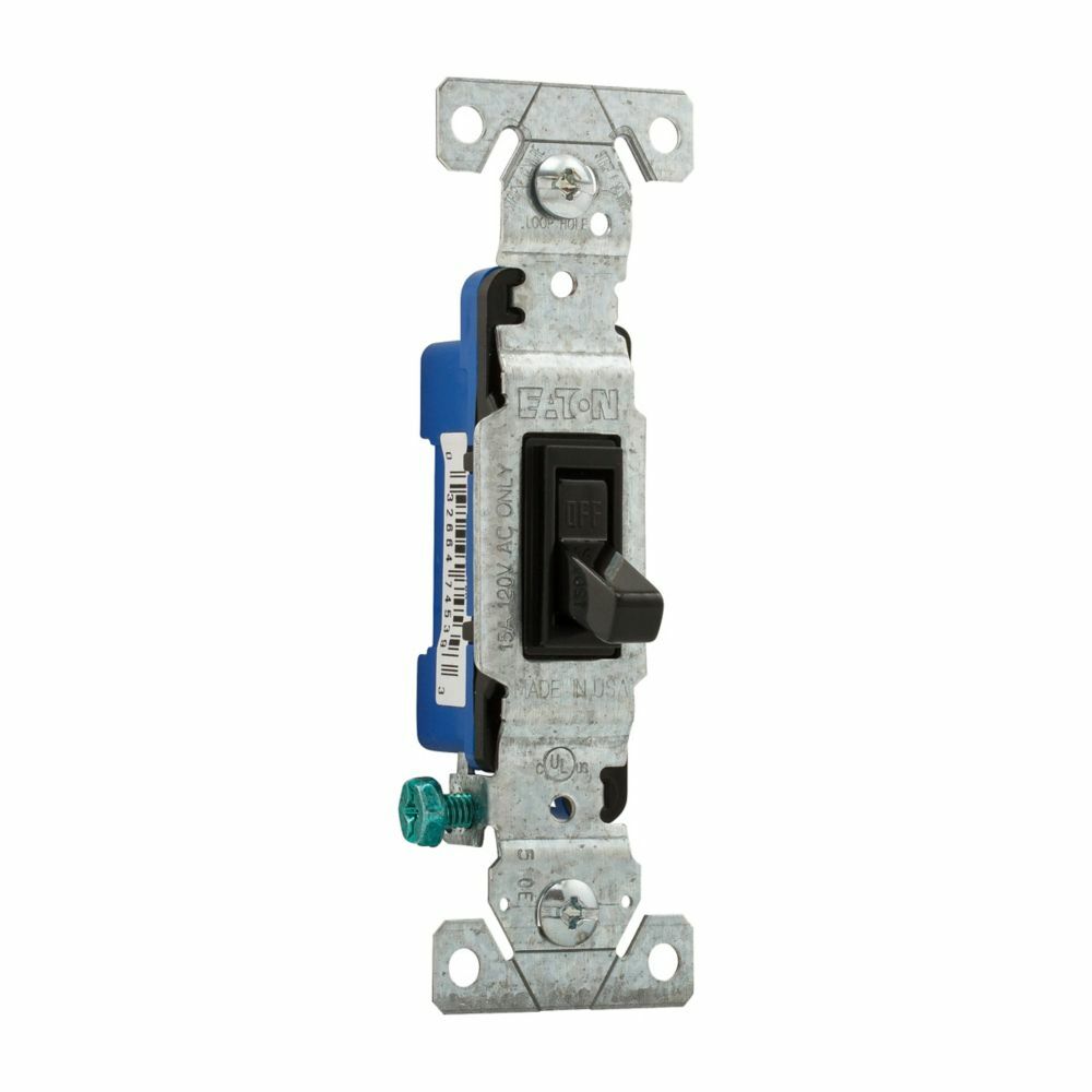 Eaton toggle switch, #14-10 AWG, 15A, Residential, Flush, 120V, Side and push, Screw, Black, Load type: Motor Control, Fan, LED, Incandescent, ELV, MLV, CFL, Flourescent, Halogen, Single-Pole, Single-Pole, Polycarbonate