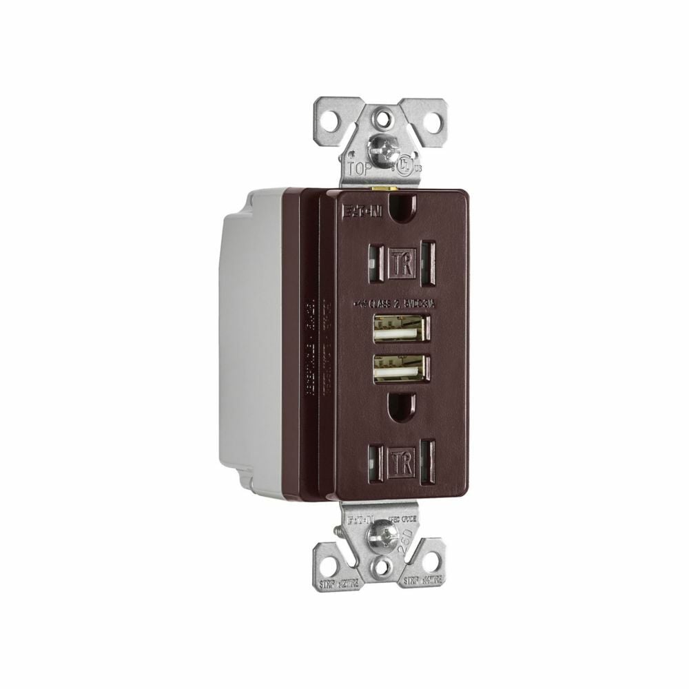 Eaton combination USB charger with duplex receptacle, Tamper resistant, 15A at 125 Vac, 3.A at 5 Vdc, Flush mount, 125 Vac, 5 Vdc, Wire leads, Brown, Brass, 5-15R, Two-pole, three-wire, grounding, Decorator, Thermoplastic