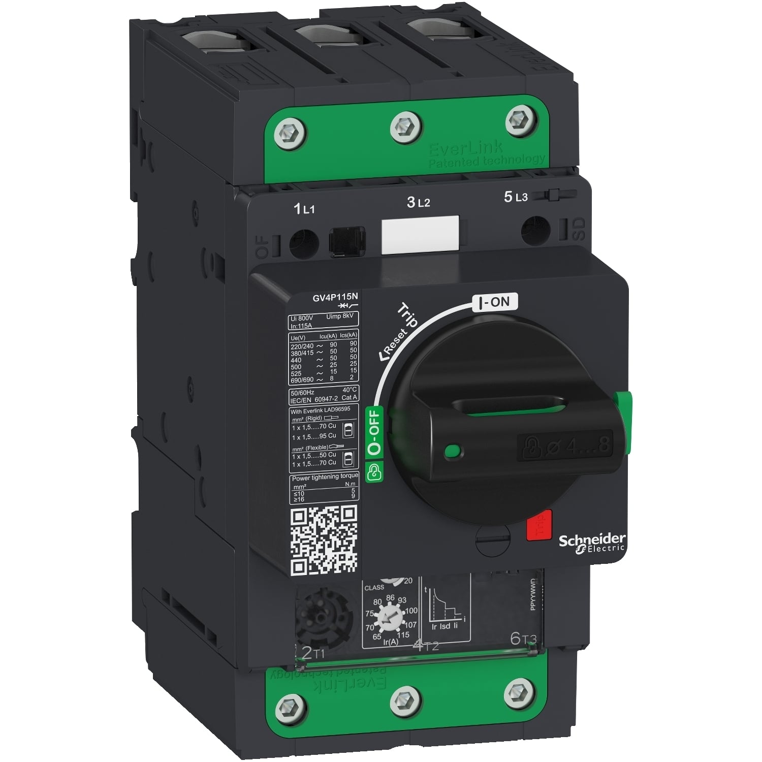 GV4P115N TeSys Deca Circuit Breaker, 690 to 800 V AC, 115 A, 50 kA Interrupt, 3 Poles