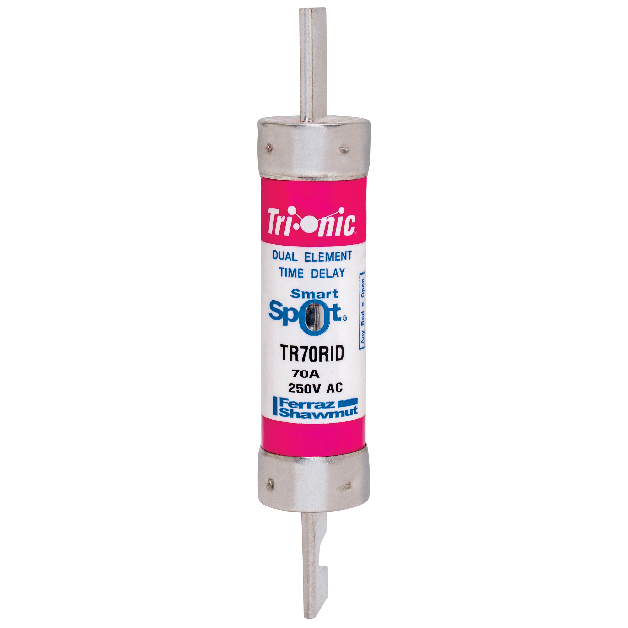 TR70RID Tri-Onic SmartSpot Current Limiting Low Voltage North American Style Time Delay Fuse With Blown Fuse Visual Indication, 70 A, 250 V AC, 200 kA Interrupt, RK5 Class, Cylindrical Body