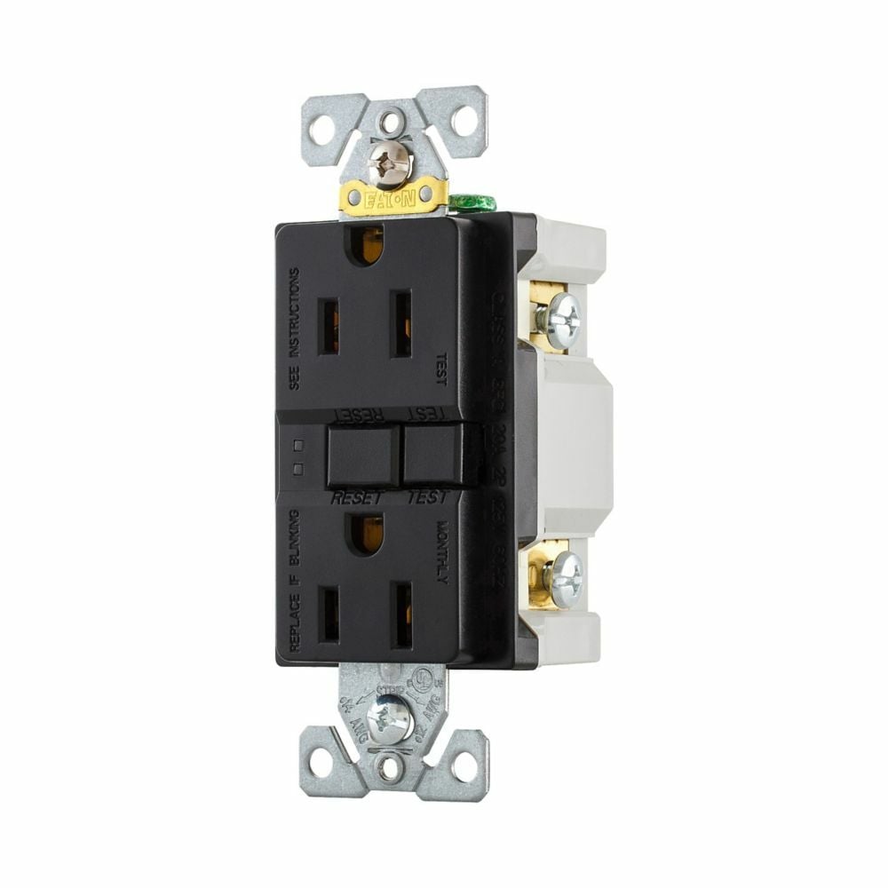 Eaton GFCI receptacle,Self-test,#14 - 10 AWG,15A,Residential,Commercial,Flush,125 V,GFCI,Back and side wire,Black,Brass,Receptacle,Polycarbonate,5-15R,Two-pole,Three-wire,Two-pole, three-wire, grounding