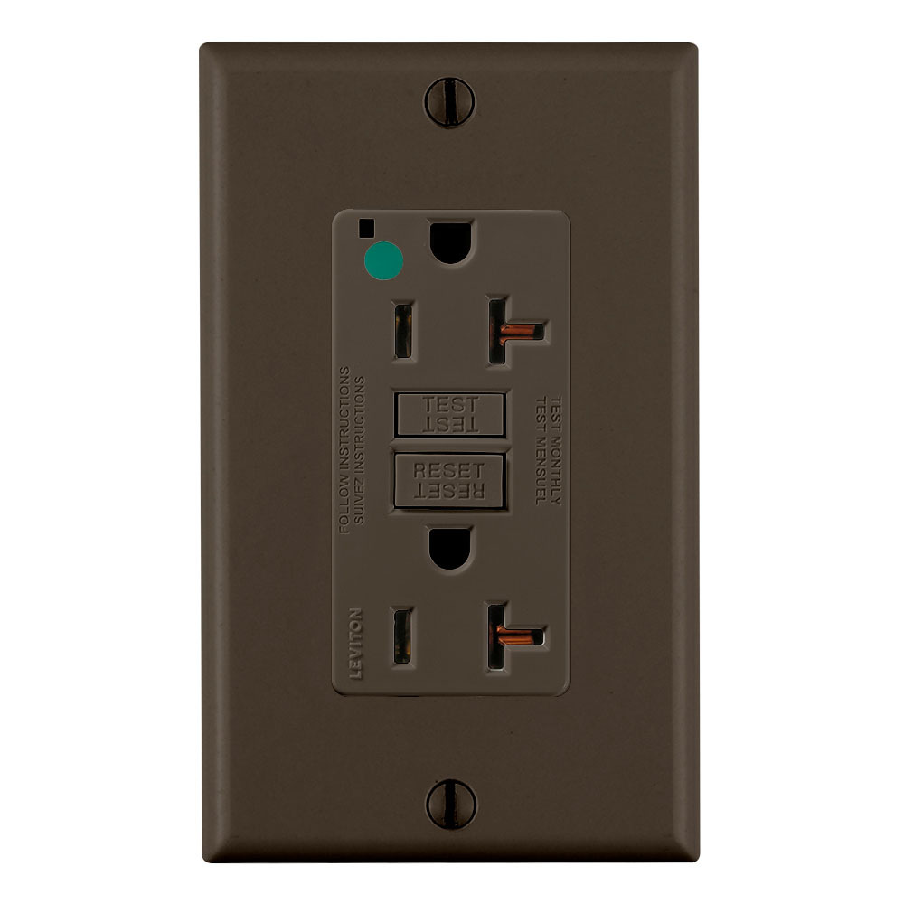 GFNT2-HG SmartlockPro Slim Duplex Feed Through Non-Tamper Resistant Self-Test GFCI Receptacle, 125 V AC, 20 A, 2 Poles, 3 Wires, Brown