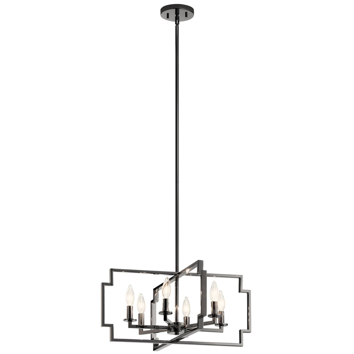 The Downtown Deco 21.5 inch 6 Light Convertible Chandelier/Semi Flush in Midnight Chrome features a squared edge outer frame that surrounds the curved candle design, allowing the light to fully shine through. The Downtown Deco convertible chandelier/semi flush is perfect in contemporary or mid-century modern environments.
