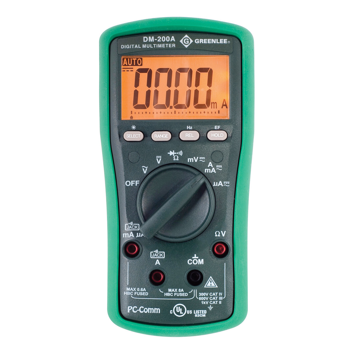 DM-200A Digital Multimeter, 60 mV to 1000 V AC/DC, 600 mA to 10 A, 600 Ohm to 60 MOhm, 600 nF to 300 uF Measuring, 600 Ohm, 6/60/600 kOhm, 6/60 MOhm, Backlit LCD Display