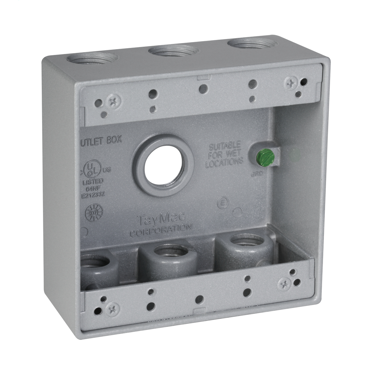 DB750S Weatherproof Outlet Box, Die Cast Metal, 2 Gangs, 7 Outlets, 4-1/2 in L x 4-1/2 in W x 2 in D