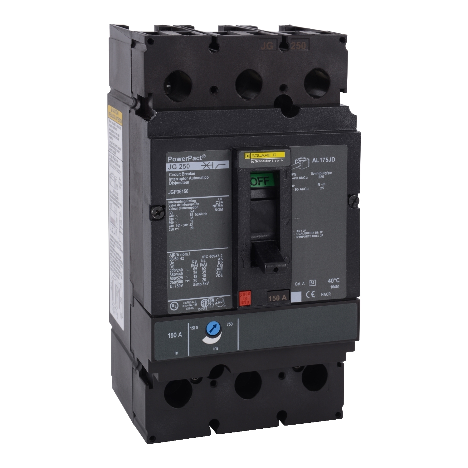 JGP36150 PowerPact 80% Rated Molded Case Circuit Breaker, 600 V AC/500 V DC, 150 A, 18/20/35/65 kA Interrupt, 3 Poles, Thermal Magnetic Trip