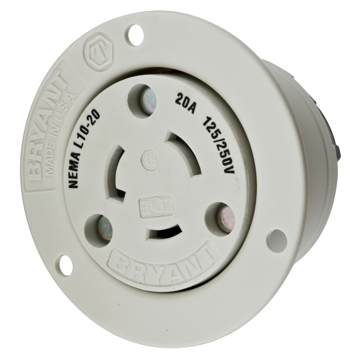 HBL2366 1-Flange 1-Phase Non-Grounding Standard Screw Mount Locking Receptacle, 125/250 VAC, 20 A, 3 Poles, 3 Wires, White
