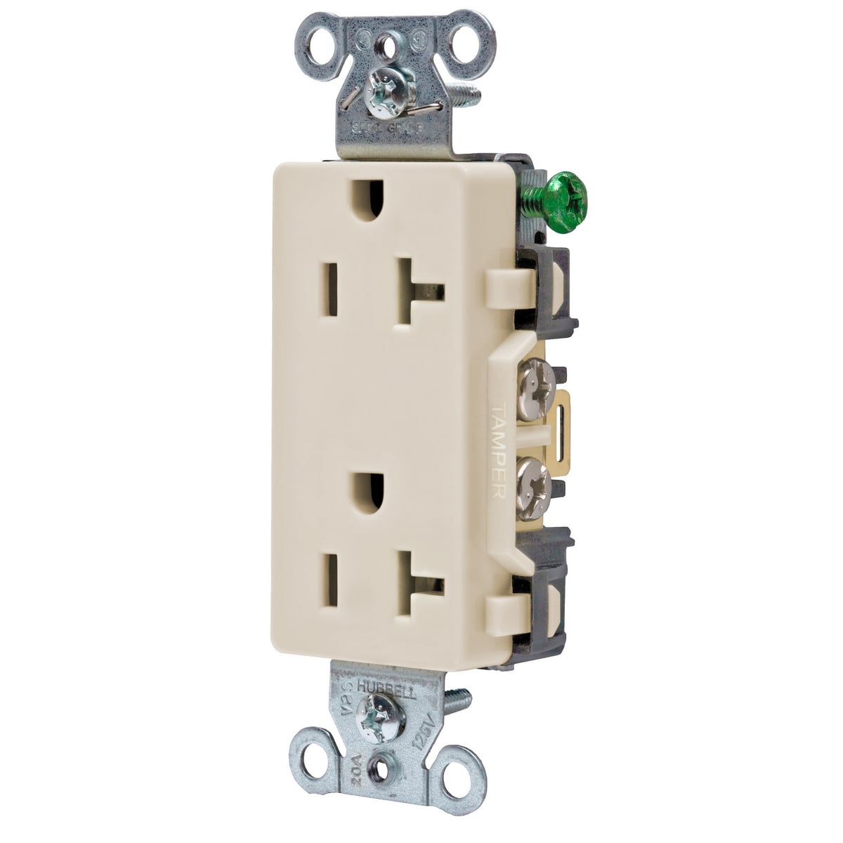 DR20LA 1-Phase Decorator Duplex Self-Grounding Standard Screw Mount Straight Blade Receptacle, 125 V AC, 20 A, 2 Poles, 3 Wires, Light Almond