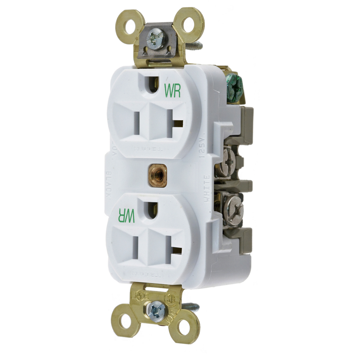 HBL5362WWR Grounding Extra Heavy Duty Straight Blade Duplex Receptacle, 125 V AC, 20 A, 2 Poles, 3 Wires, White