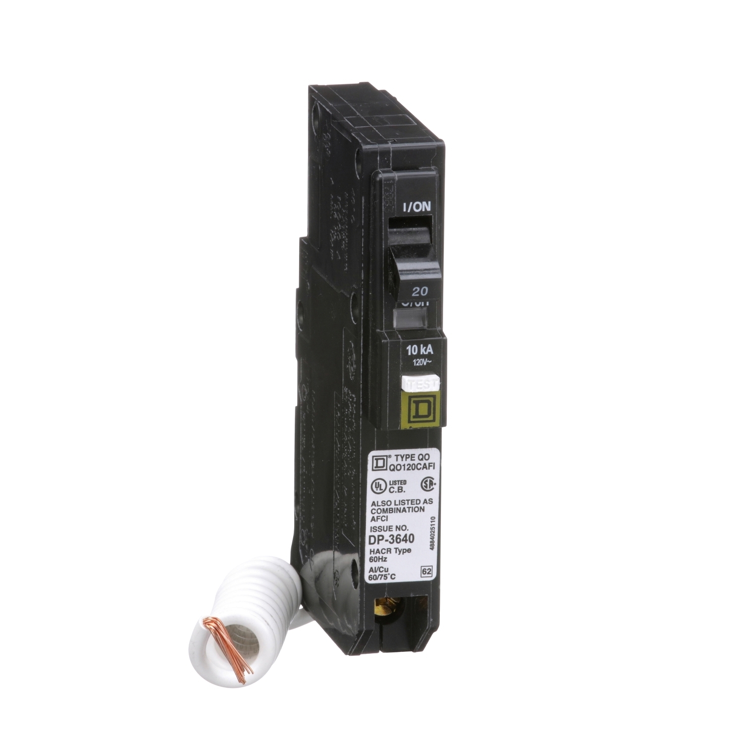 QO120CAFI Miniature Circuit Breaker, 20 Amp, 1 Pole, 120/240V